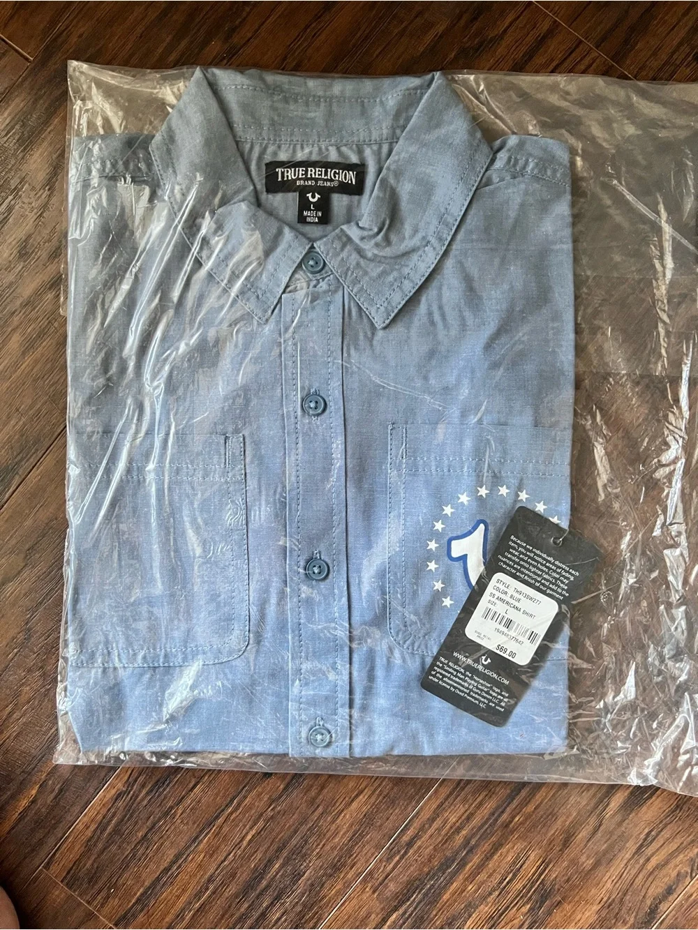 True Religion Light Blue Button-Down Shirt with Pocket Logo
